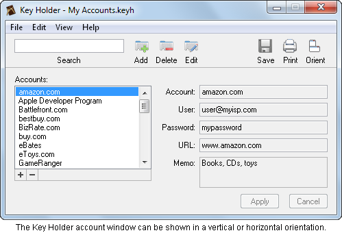 The Key Holder account window can be shown in a vertical or horizontal orientation.